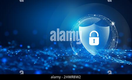 Shield with Padlock icon on Circuit board and Network wireframe with ...