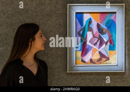 London, UK. 7th Mar, 2022. Clara Etso Ugbodaga-Ngu (Nigerian, 1921-1996), Dancers. Estimate: £20,000-30,000 - A preview of Bonhams' Modern & Contemporary African Art sale at Bonhams New Bond Street. The sale itself will take place on 9th March. Credit: Guy Bell/Alamy Live News Stock Photo