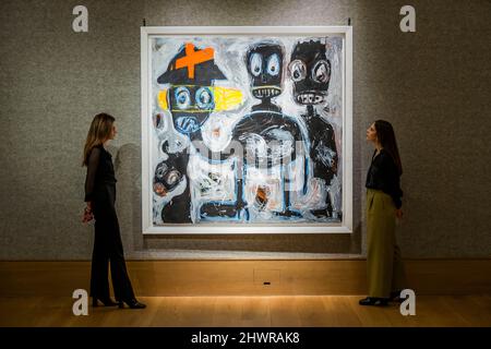 London, UK. 7th Mar, 2022. Abdoulaye Diarrassouba 'Aboudia' (Ivorian, born 1983), Untitled, 2016, EST £60,000 - £100,000 - A preview of Bonhams' Modern & Contemporary African Art sale at Bonhams New Bond Street. The sale itself will take place on 9th March. Credit: Guy Bell/Alamy Live News