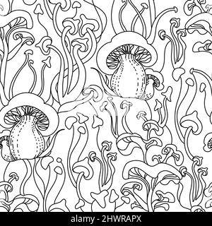 Freehand drawn line magic mushrooms seamless pattern. Stock Vector