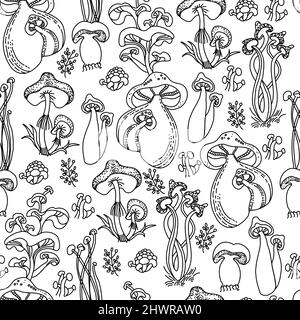 Freehand drawn line magic mushrooms seamless pattern. Stock Vector