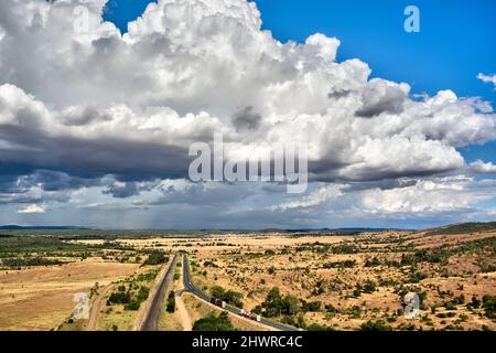 Aerial of storm clouds over the Capricorn Highway at Gogango near ...