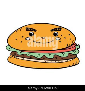 Fast food burger with cutlet, pmidor and salad. Vector in doodle style Stock Vector