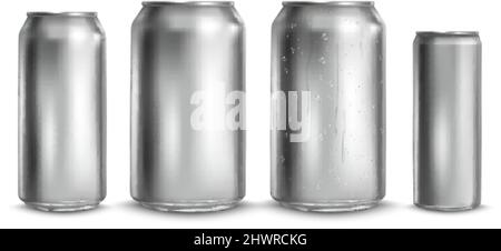 Mockup drink cans. Mock up realistic blank can for lager beer, aluminum silver tin with condensation drops, metallic slim bottle, droplet on aluminium pack, vector. Illustration of metal container Stock Vector
