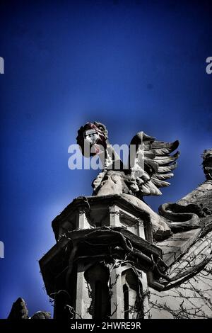 Old Gothic medieval gargoyle wearing a covid 19 pandemic face mask. Stock Photo