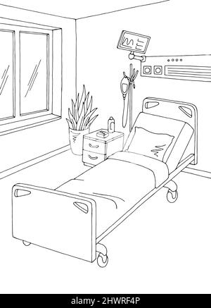 Hospital ward room graphic black white vertical interior sketch illustration vector Stock Vector