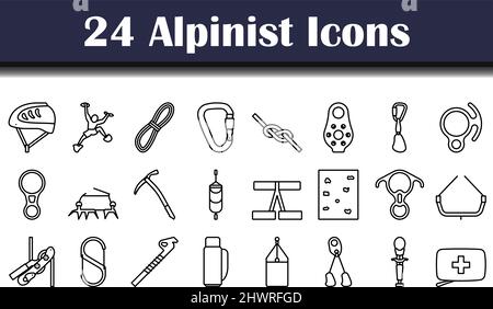 Alpinist Icon Set. Bold outline design with editable stroke width. Vector Illustration. Stock Vector