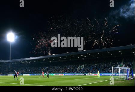 DFB Cup, Vonovia Ruhrstadion Bochum: VfL Bochum vs SC Freiburg; Fireworks at the beginning of the match Stock Photo