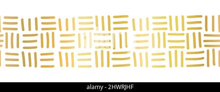 Golden seamless vector border hatch woven geometric texture. Gold foil metallic effect hatched lines in square grid horizontal repeating pattern on Stock Vector