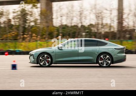 Nio ET7 on a test track during an official media test in Shanghai, China. Stock Photo