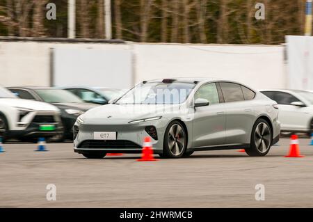 Nio ET7 on a test track during an official media test in Shanghai, China. Stock Photo