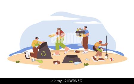 Flat volunteers collect different kinds of garbage, pick up rubbish on sea beach. People with trash bags and rake clean up waste or litter for recycle. Concept of ecology problems and ocean pollution. Stock Vector