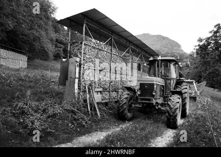 Haute-Savoie, France - August 23, 2015: John Deere 3350 tractor next to corn dryer for animal feeding at small farm. Black white historic photo Stock Photo