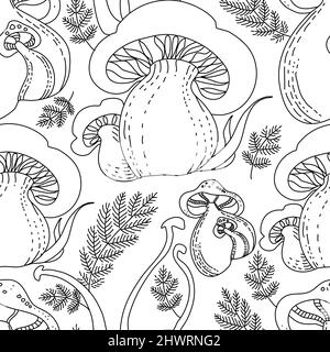 Freehand drawn line magic mushrooms seamless pattern. Stock Vector
