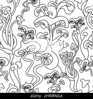 Freehand drawn line magic mushrooms seamless pattern. Stock Vector