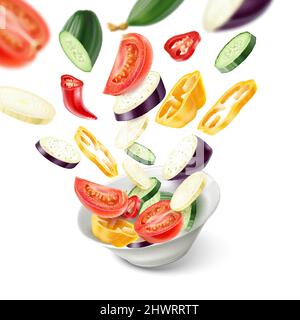 Realistic vegetables flying salad. 3D sliced products falling in plate. Fresh ingredients mixing. Vegetarian food preparing. Diet nutrition. Vitamin Stock Vector