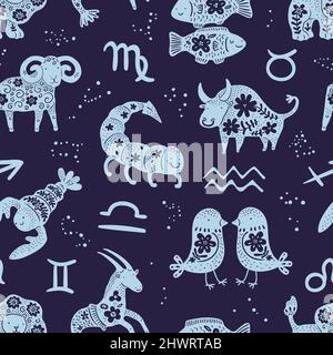 Zodiac signs seamless pattern. Blue print with star constellations, astrological icons and horoscope floral symbols. Zodiacal animals. Cute children Stock Vector