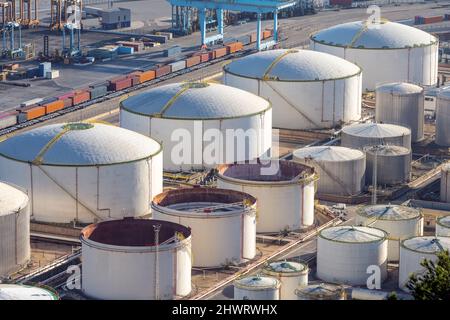 Gas storage tanks and containers seen in the commercial port of Barcelona Stock Photo