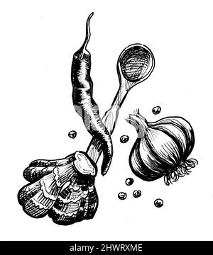 Bunch of spices. Ink black and white drawing Stock Photo