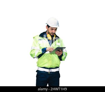 Caucasian technician engineer man in uniform with tablet checking the system. isolated on background Stock Photo