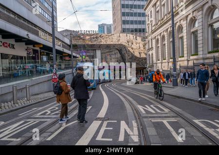 West Midlands Metro tram in Central Birmingham. Stock Photo