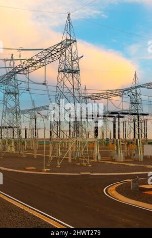 Electric substation at sunset Stock Photo