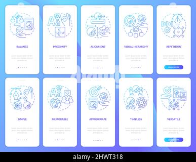Design principles blue gradient onboarding mobile app screen set Stock Vector