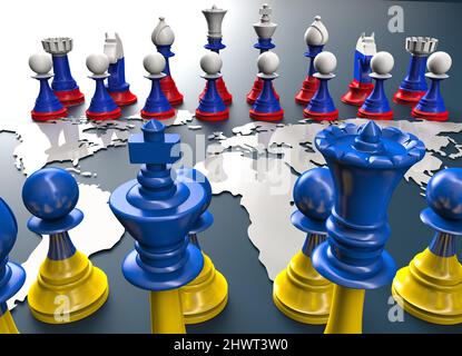 symbol of war and geopolitics in the world with chess pieces. Ukraine vs Russia. Stock Photo