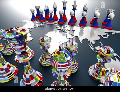 symbol of war and geopolitics in the world with chess pieces. The world vs Russia. Stock Photo