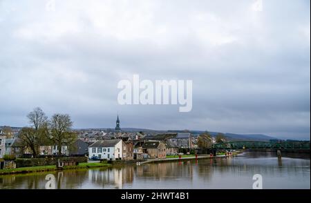 Village Vireux-Wallerand and river Meuse in French Ardennes Stock Photo