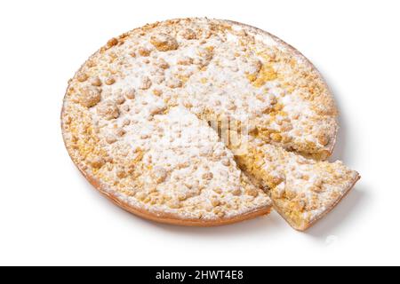 Traditional fresh baked Dutch  Apple crumble cake and a piece close up isolated on white background Stock Photo