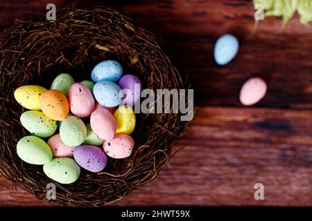 Easter background with yellow chicks and eggs. Easter holidays Stock Photo