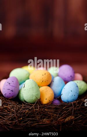 Easter background with yellow chicks and eggs. Easter holidays Stock Photo