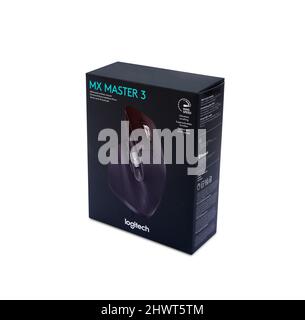 Italy - February 17, 2022: box containing professional precision Logitech MX Master 3 Mouse Stock Photo