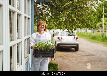 Happy aged female working with seedling outdoors Stock Photo