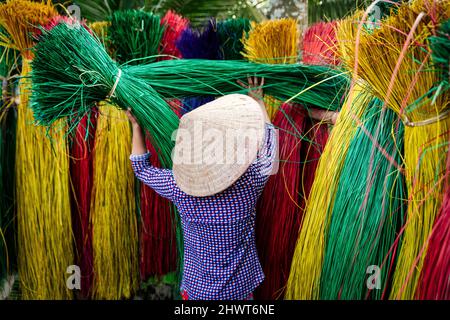 Vietnamese women drying traditional vietnam mats in the old traditional village at dinh yen, dong thap, vietnam, tradition artist concept,Vietnam. Stock Photo