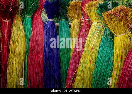 Vietnamese drying traditional vietnam mats in the old traditional village at dinh yen, dong thap, vietnam, tradition artist concept,Vietnam. Stock Photo