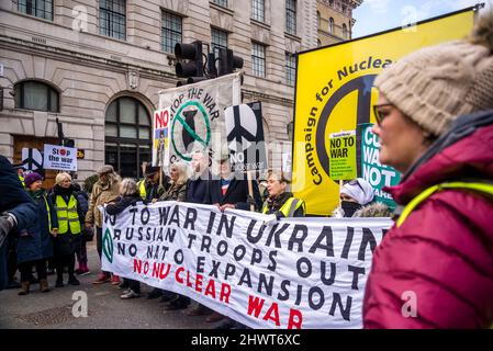 'No To War in Ukraine' main banner, Stop the War demonstration organised by Stop the War Coalition, London, UK, 6th March 2022 Stock Photo