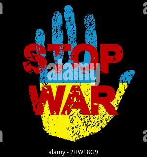 STOP WAR concept with human hand in Ukraine flag's colors Stock Vector