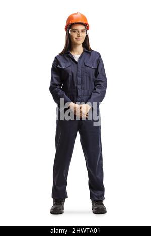 Young female technician with a helmet and goggles isolated on white background Stock Photo