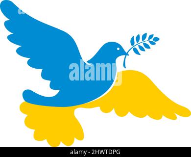 Flying dove in the colors of the national flag of Ukraine holds olive branch. Peace symbol, no war concept. Vector on transparent background Stock Vector