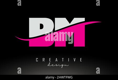 BM B M White and Pink Letter Logo with Swoosh and Curved Lines. Stock Vector