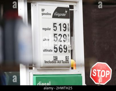 New York, United States. 07th Mar, 2022. The price for a gallon of gasoline surpasses 5 dollars a gallon at a Manhatan gas station in New York City on Monday, March 7, 2022. Since the Russia-Ukraine War the national average price of gasoline has just surpassed $4 a gallon in the U.S. for the first time since 2008. Photo by John Angelillo/UPI Credit: UPI/Alamy Live News Stock Photo