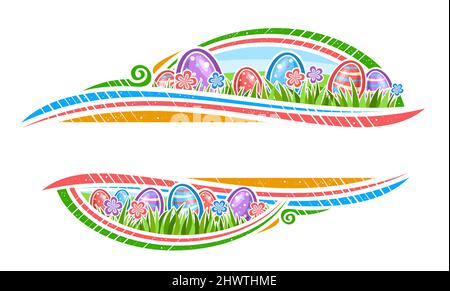 Vector Border for Easter Holiday with copyspace for text, horizontal banner with illustration of group striped easter eggs on spring grass, decorative Stock Vector