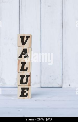 value word or concept on wooden blocks, white wood background Stock Photo