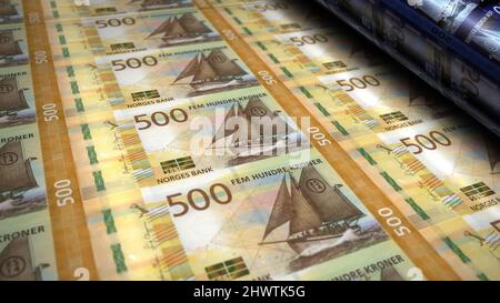 Norwegian Krone money printing 3d illustration. NOK banknote print. Concept of finance, cash, economy crisis, business success, recession, bank, tax a Stock Photo
