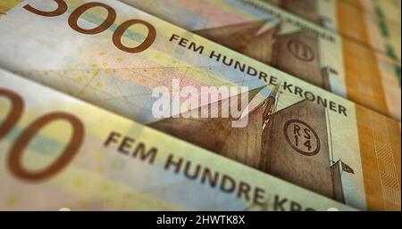 Norwegian Krone money printing 3d illustration. NOK banknote print. Concept of finance, cash, economy crisis, business success, recession, bank, tax a Stock Photo