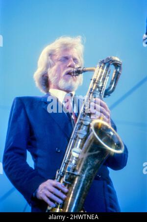 American jazz musician Gerry Mulligan performing at the Capital Radio Jazz Festival in Knebworth, Hertfordshire, England in 1982. Stock Photo
