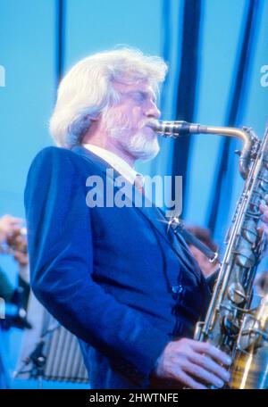 American jazz musician Gerry Mulligan performing at the Capital Radio Jazz Festival in Knebworth, Hertfordshire, England in 1982. Stock Photo