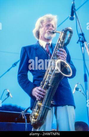 American jazz musician Gerry Mulligan performing at the Capital Radio Jazz Festival in Knebworth, Hertfordshire, England in 1982. Stock Photo
